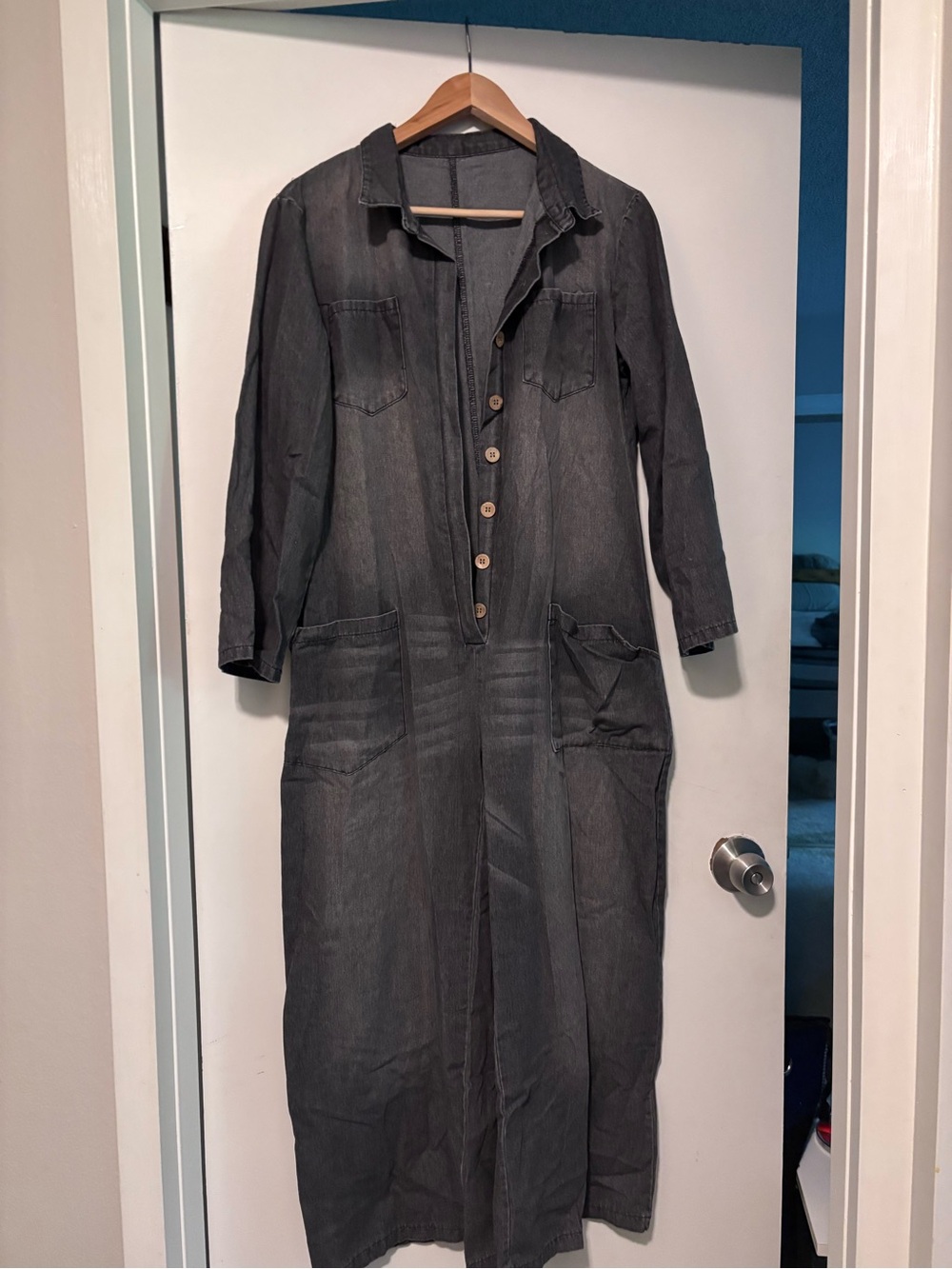 Women's Long Button-Front Romper Jumpsuit in Charcoal